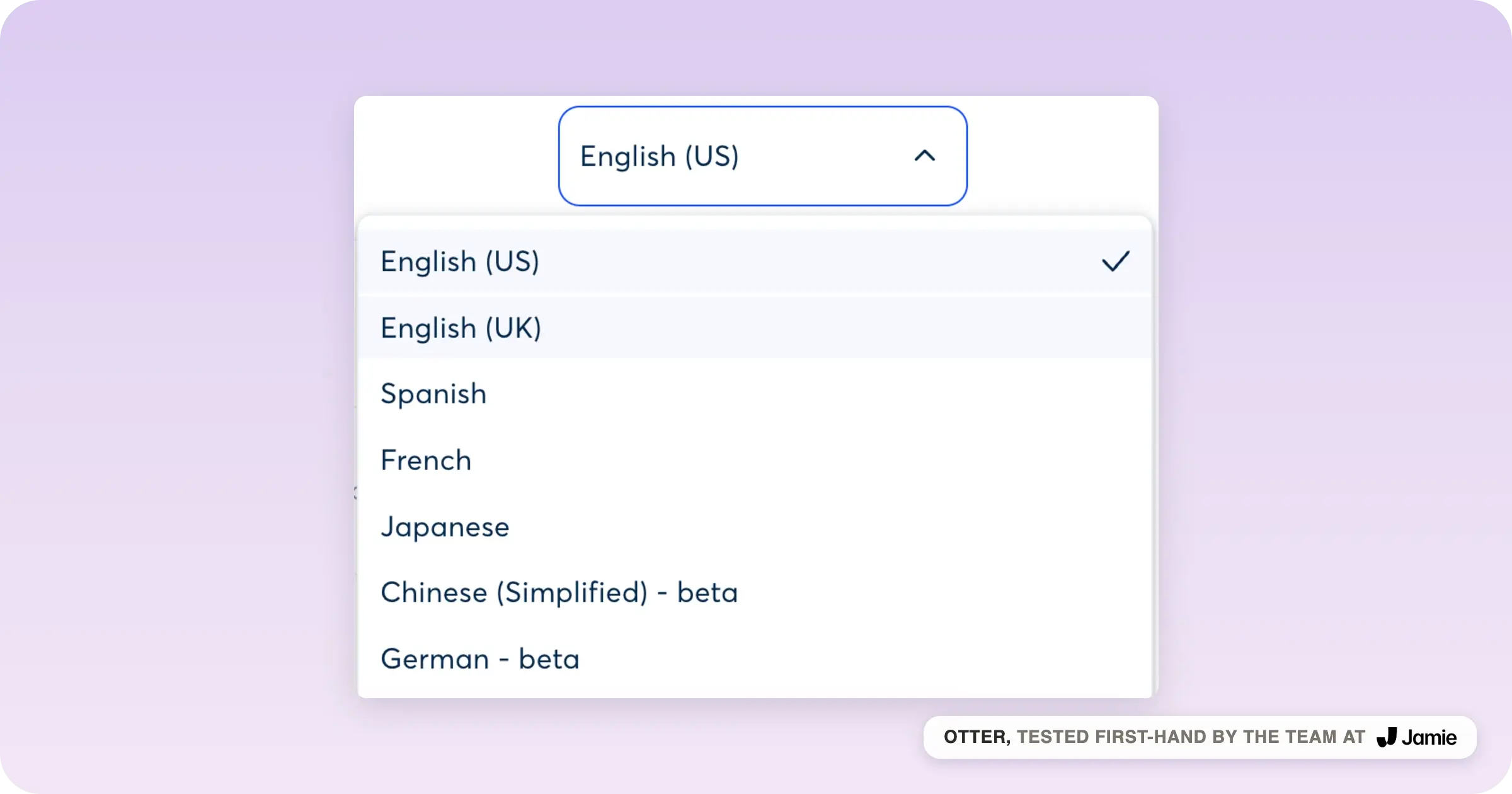  Otter transcription language menu, English, Spanish, French, Japanese, Chinese and German