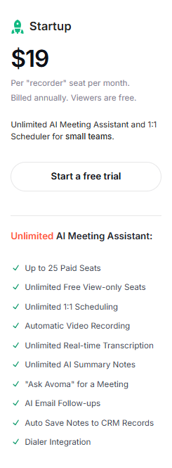 #1. Avoma Startup Plan | Avoma Pricing