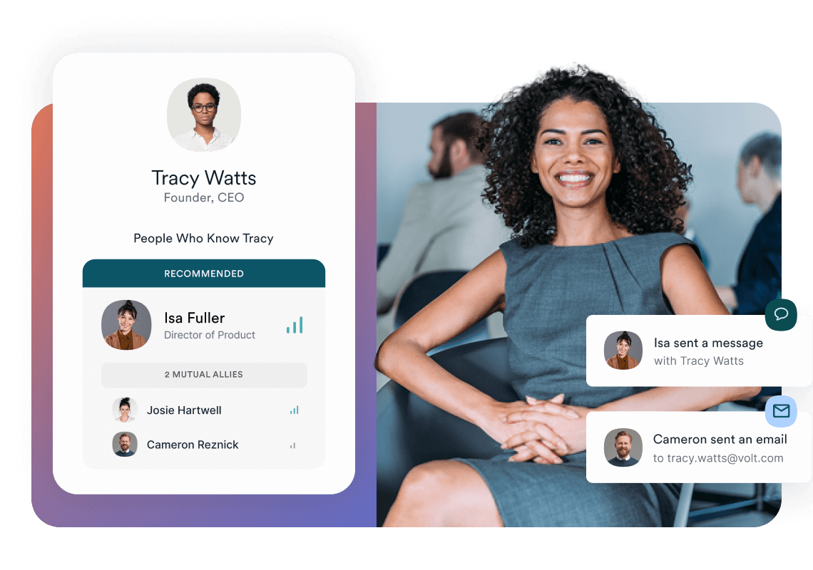 Affinity CRM relationship intelligence interface showing network mapping and warm introduction pathways to a target company founder and CEO