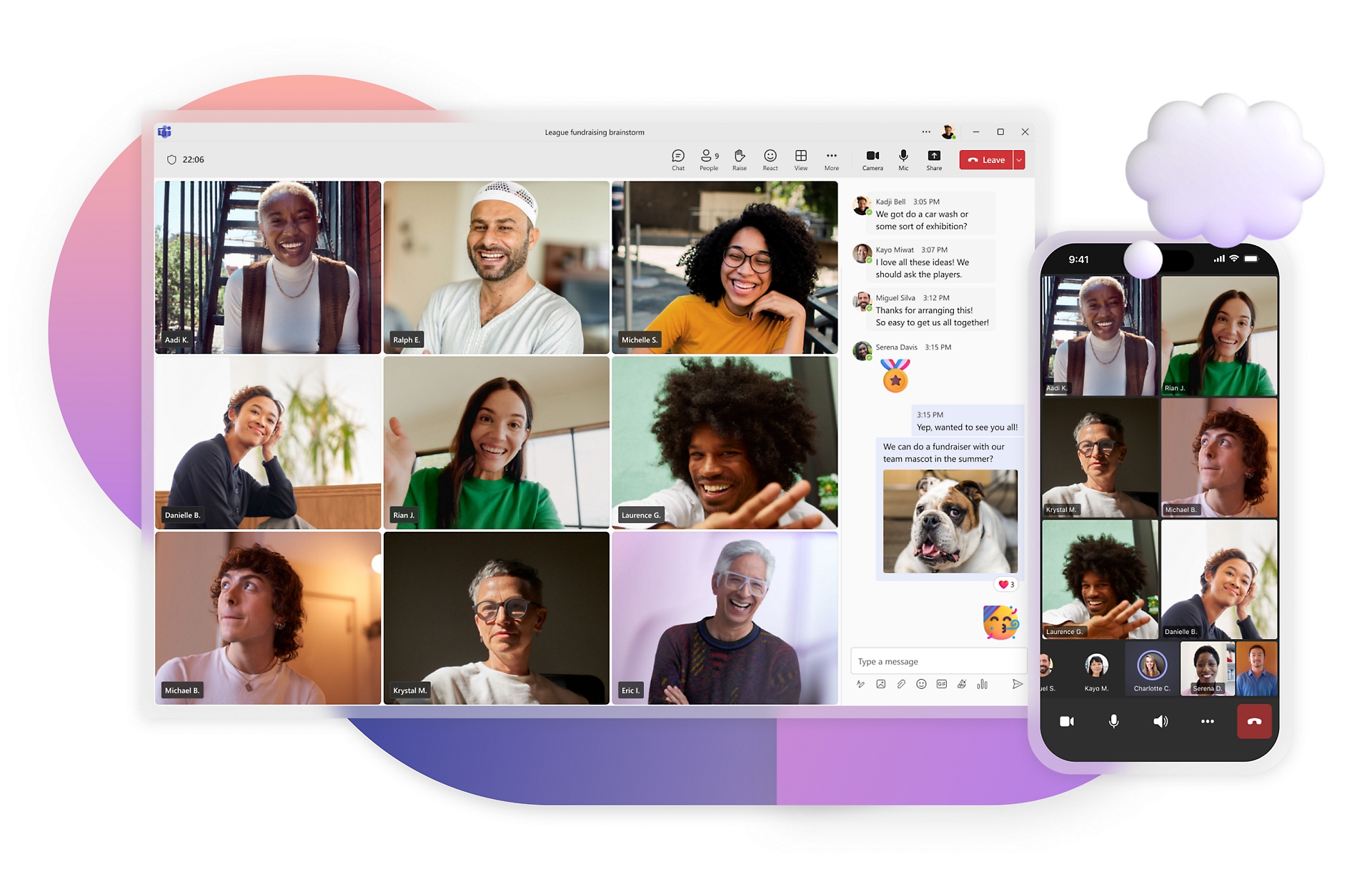 9 people on a Teams video call with mobile interface of same conversation