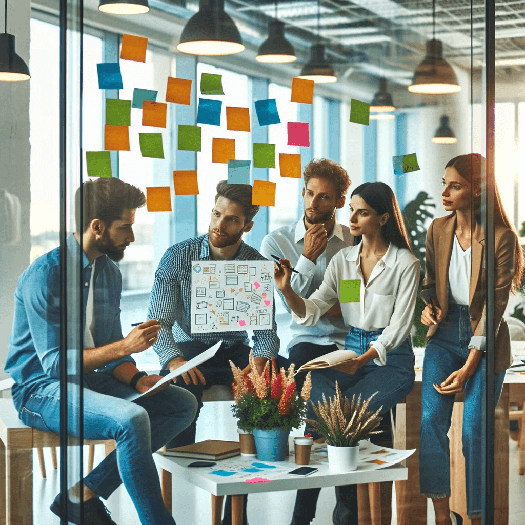 "A brainstorming session with a small group of professionals using sticky notes on a glass wall, in a creative office environment.