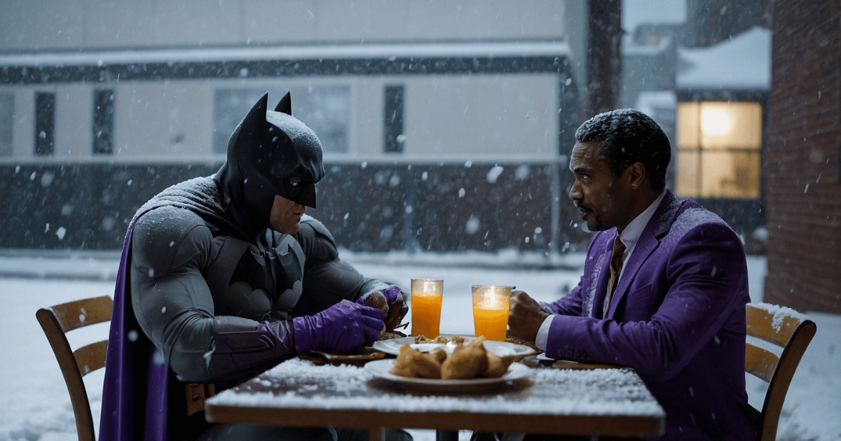 A brown skin employee and batman having dinner, wearing a purple office suit, during a snow storm