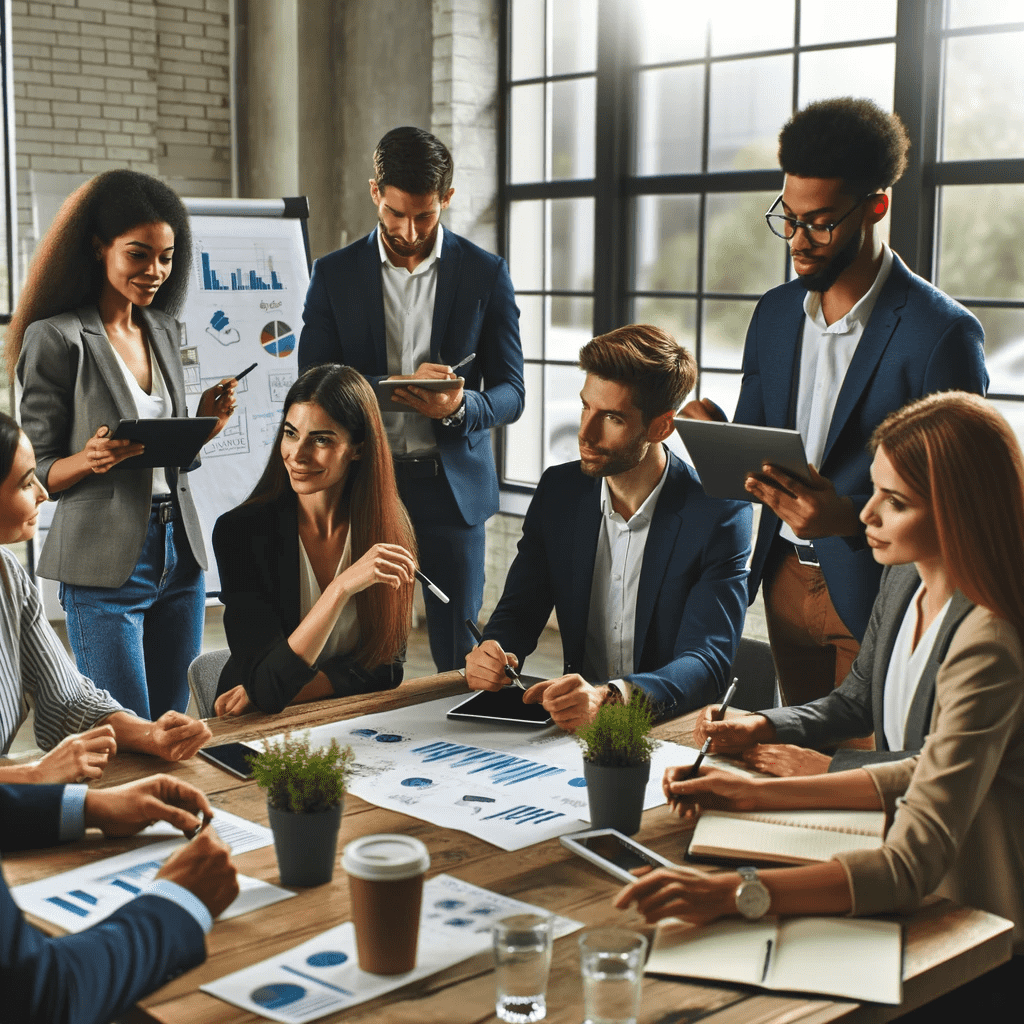 A diverse group of business professionals in a workshop, collaboratively working on setting and discussing goals, with flip charts and digital devices.