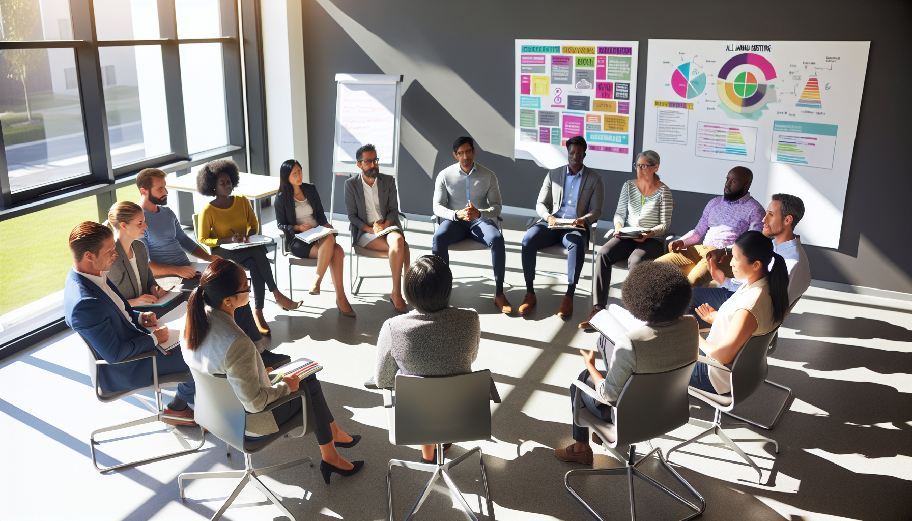 A diverse group of employees gathered in a meeting room for an all-hands meeting