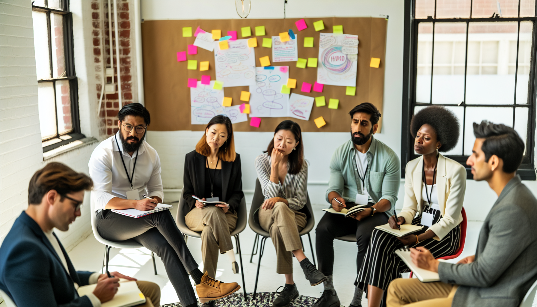 A diverse team engaged in a brainstorming session during an offsite meeting