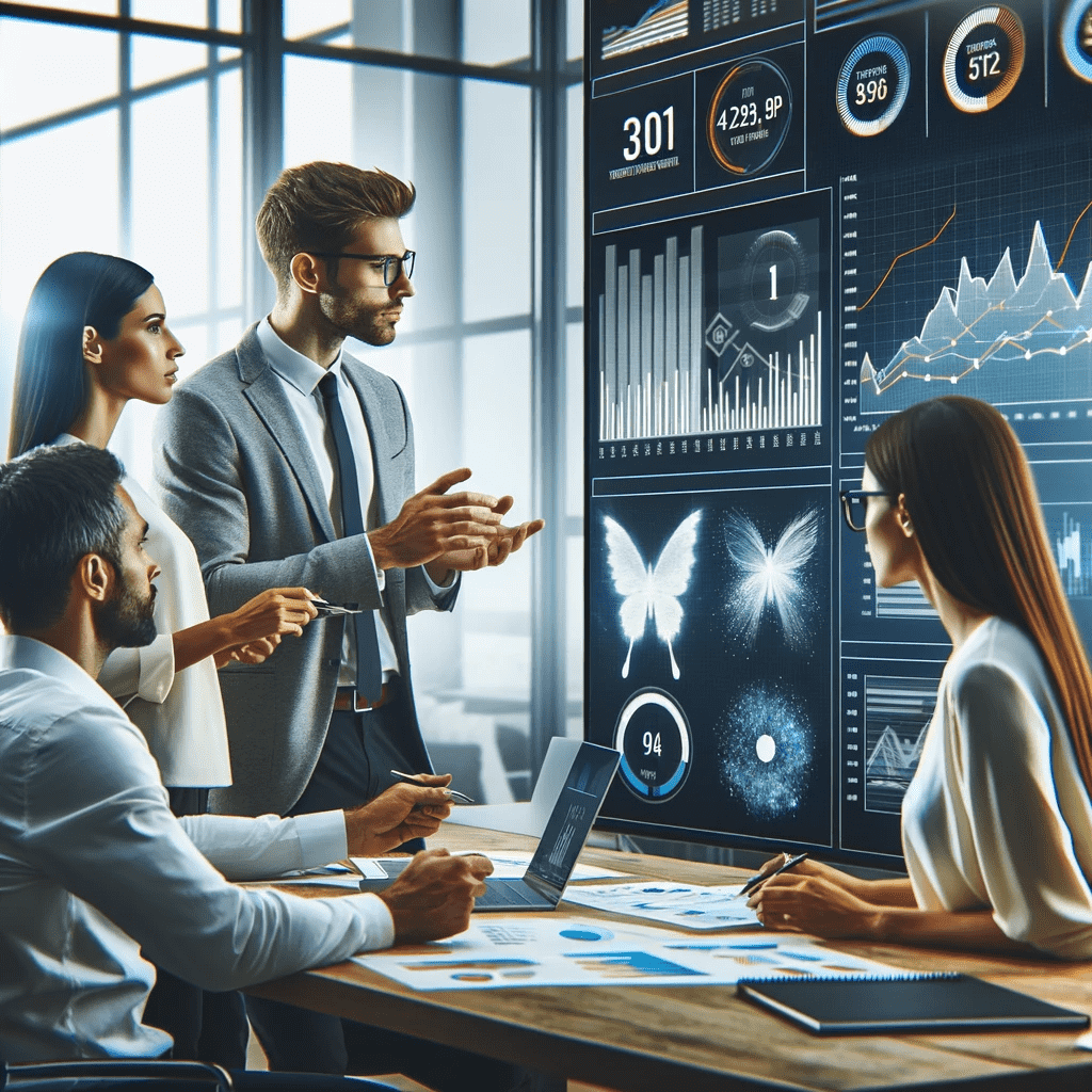 A focused business team analyzing data and discussing strategies in front of a large screen displaying key performance indicators (KPIs) in a high-tech office.