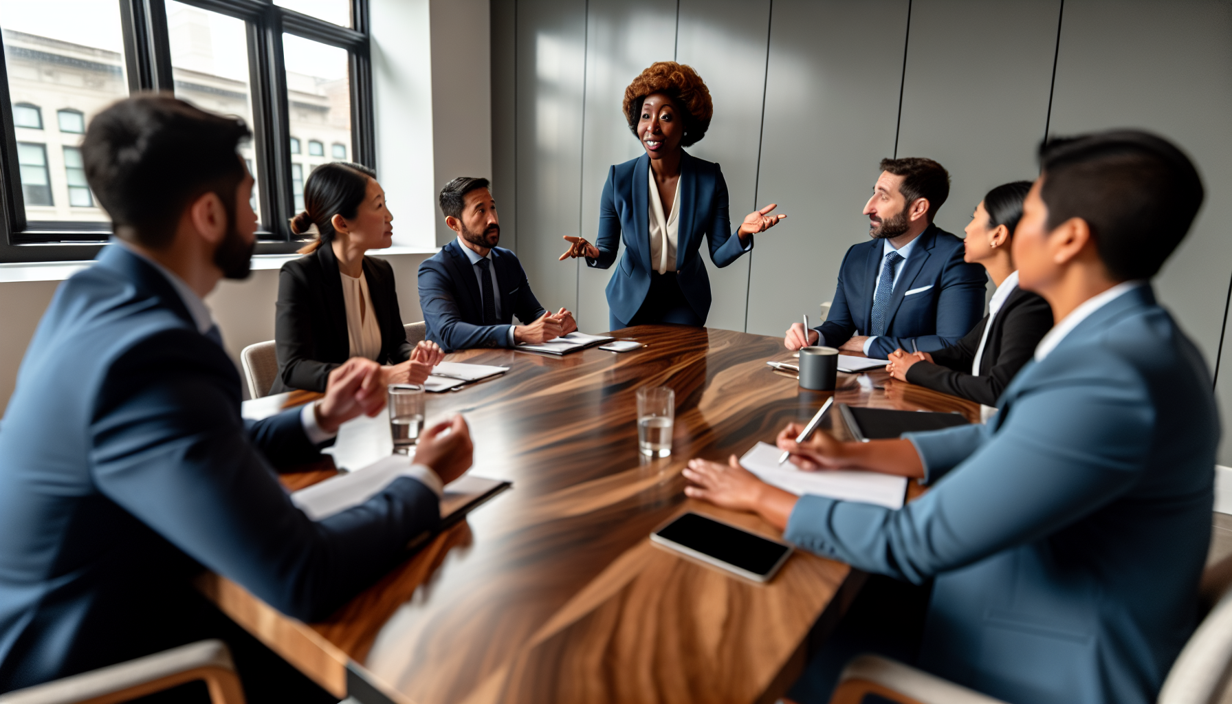 A group of diverse professionals engaged in a meeting with a facilitator leading the discussion