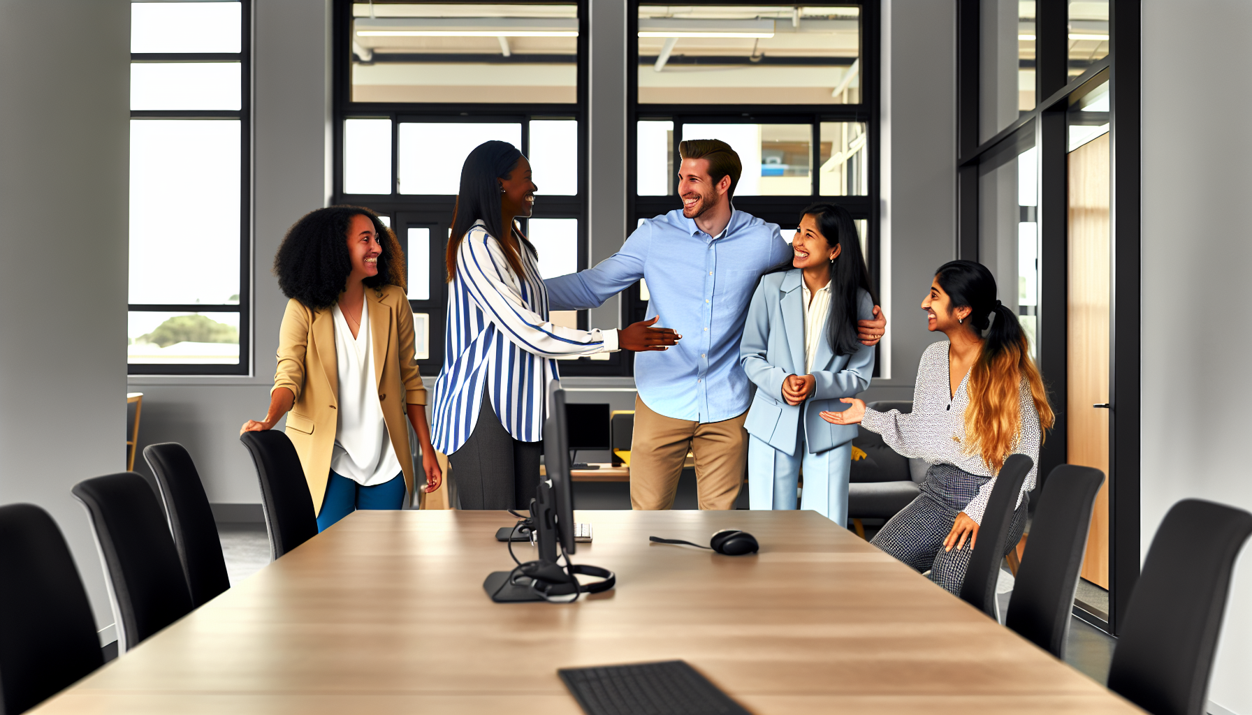 A group of employees welcoming and integrating a new team member during an all-hands meeting