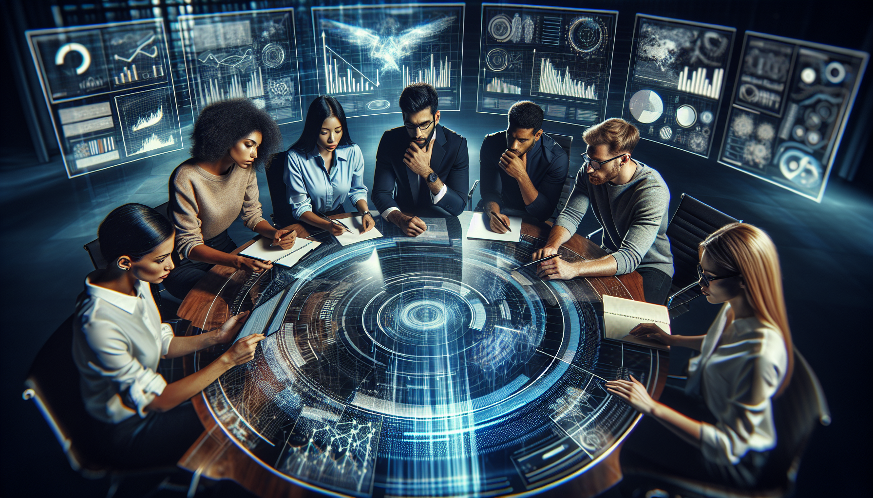 A group of people analyzing past decisions and planning future work using a decision log