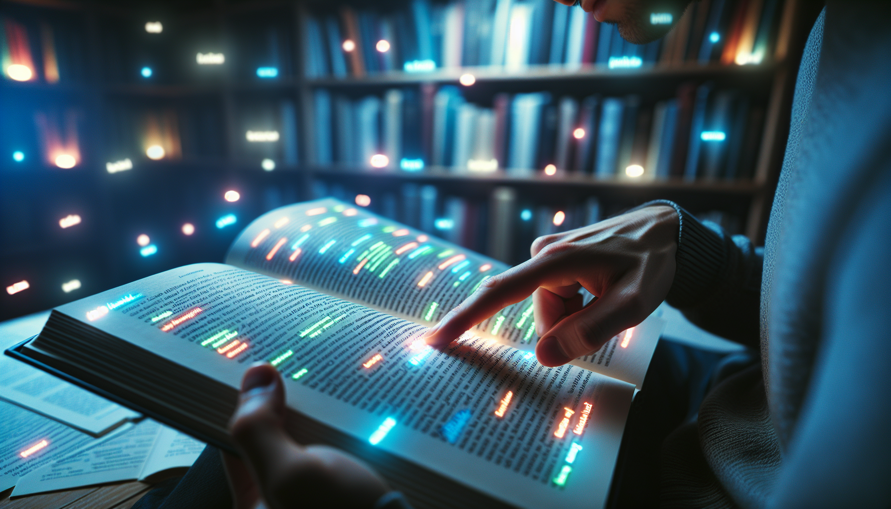 A person skimming through a book with highlighted keywords using sq3r method