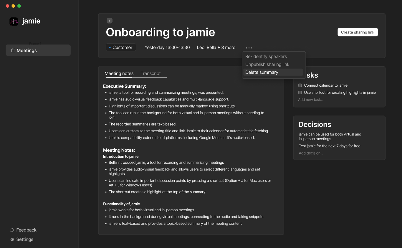 A picture of the AI meeting assistant jamie, which uses GPT-3 for generating meeting summaries.