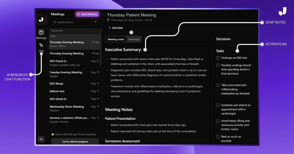 A screenshot of Jamie's interface displayed on a purple background. The interface shows a detailed meeting summary for a "Thursday Patient Meeting," including sections like the executive summary, meeting notes, decisions, tasks, and SOAP notes. The screenshot highlights features such as the AI research chat function, SOAP notes, and an action plan, demonstrating how Jamie can help automate documentation in healthcare settings.