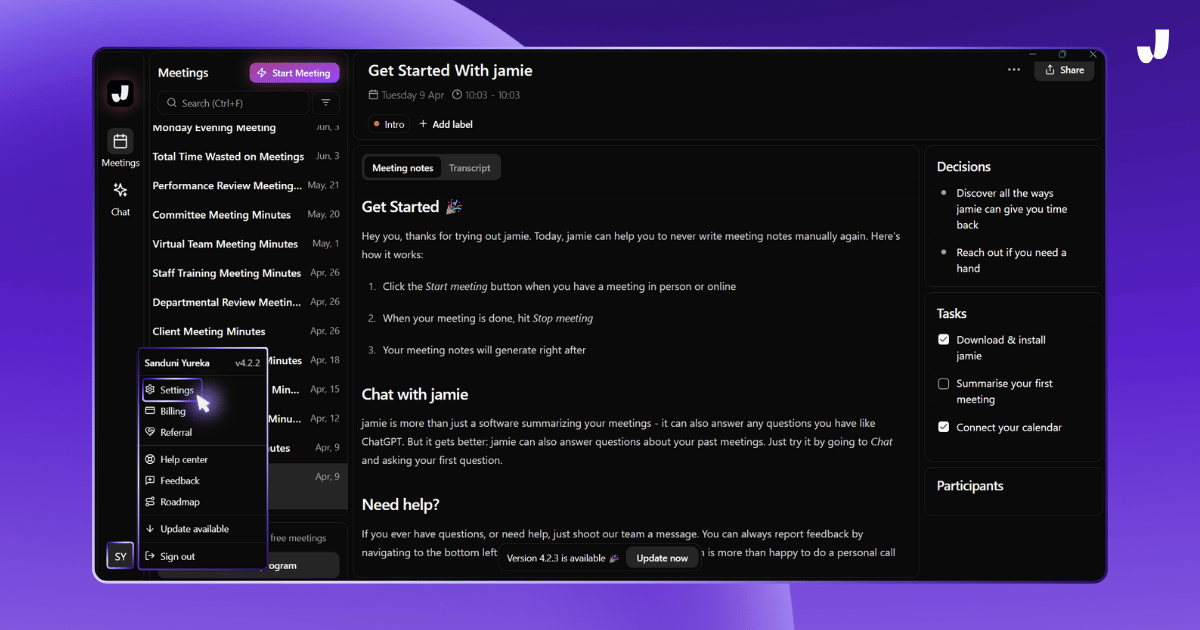 A screenshot of Jamie's settings interface displayed on a purple background. The settings menu is open on the left sidebar, showing various options like "My Plan," "Calendar," and "Audio." The main panel provides a "Get Started With Jamie" guide, offering instructions on how to begin using the tool for meetings. The interface is user-friendly, with clear sections for decisions, tasks, and participants.