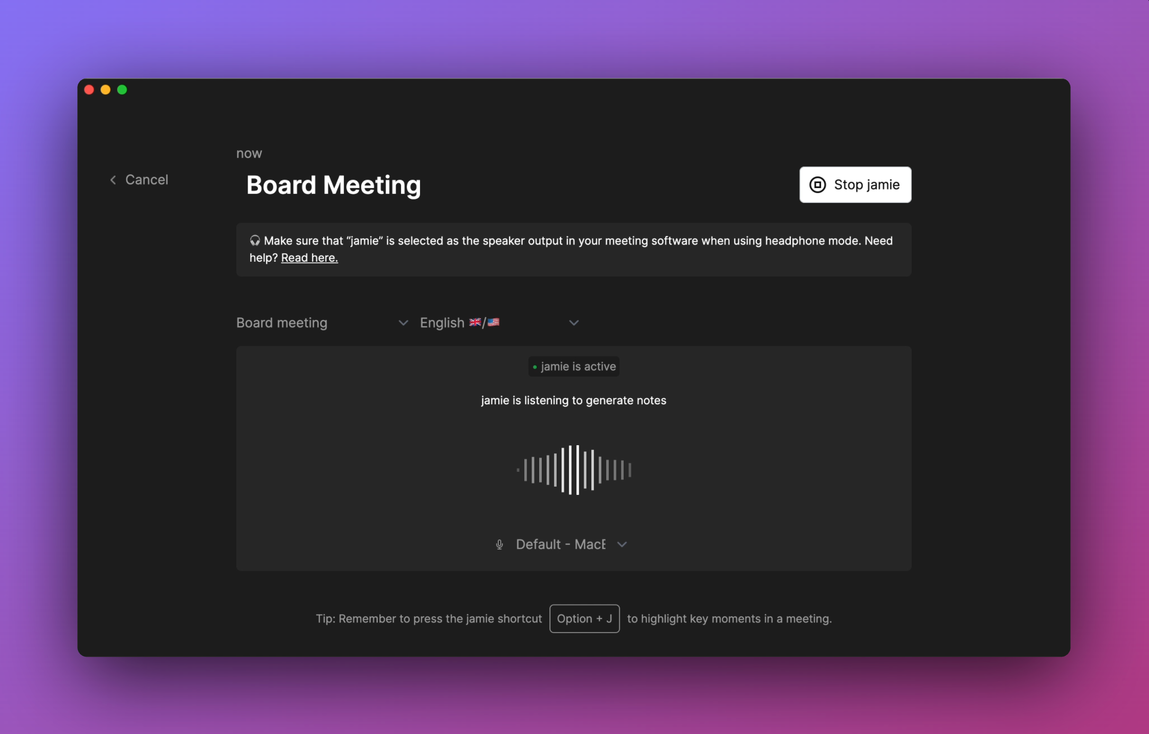 A screenshot of the AI meeting assistant jamie, recording a board meeting to generate board meeting minutes