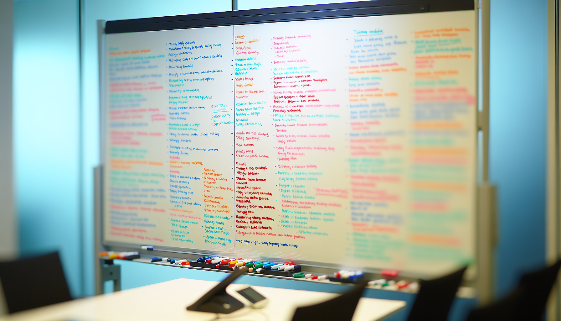 A well-organized meeting agenda written on a whiteboard with colorful markers