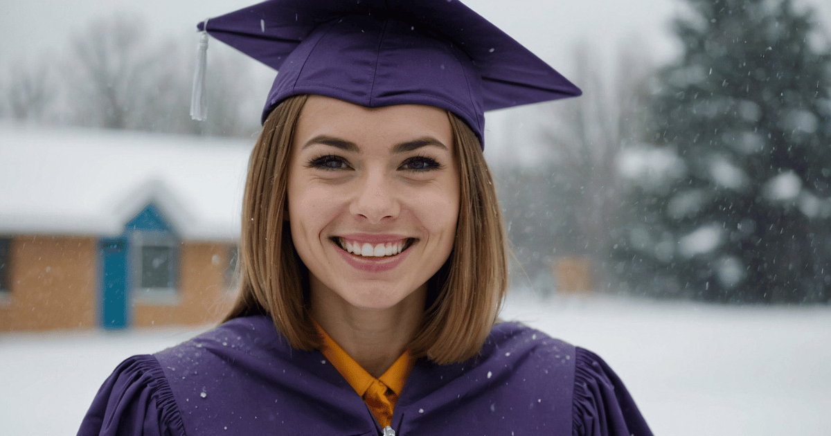 An employee wearing a purple office suit, graduating, she is extremely happy, during a snowstorm