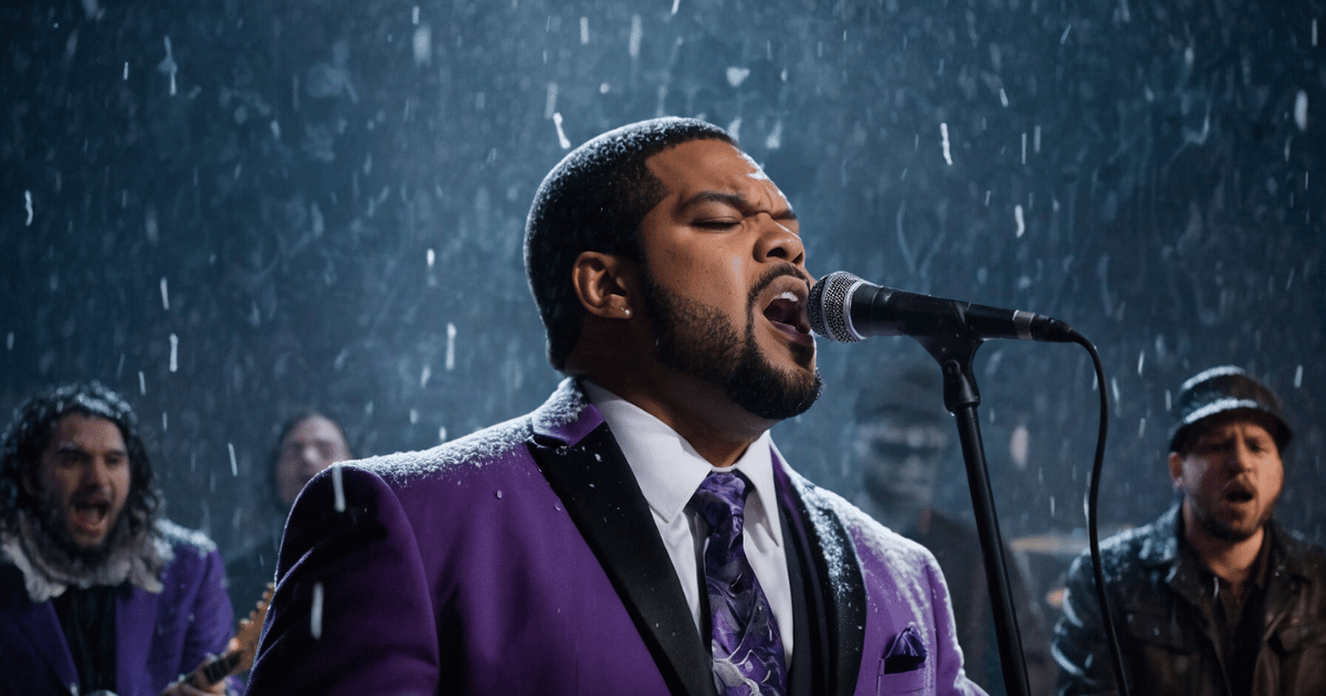 An employee wearing a purple office suit, singing in a rock concert, during a snow storm, cinematic, snow on his outfit, ice cube-themed concert