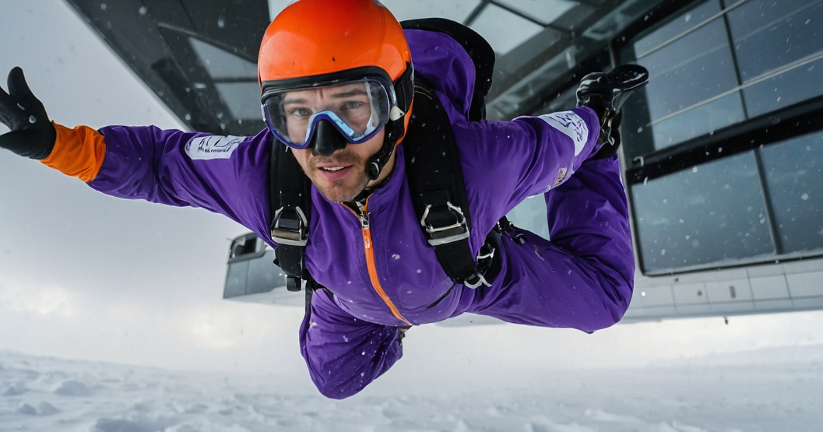 An employee wearing a purple office suit, sky diving, during a snow storm