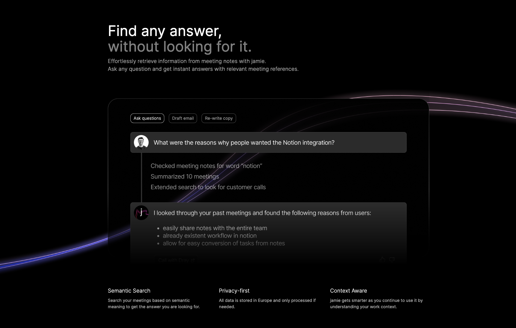 An infographic for jamie's feature "Ask jamie anything" which can be used to search for information in previous meetings' minutes