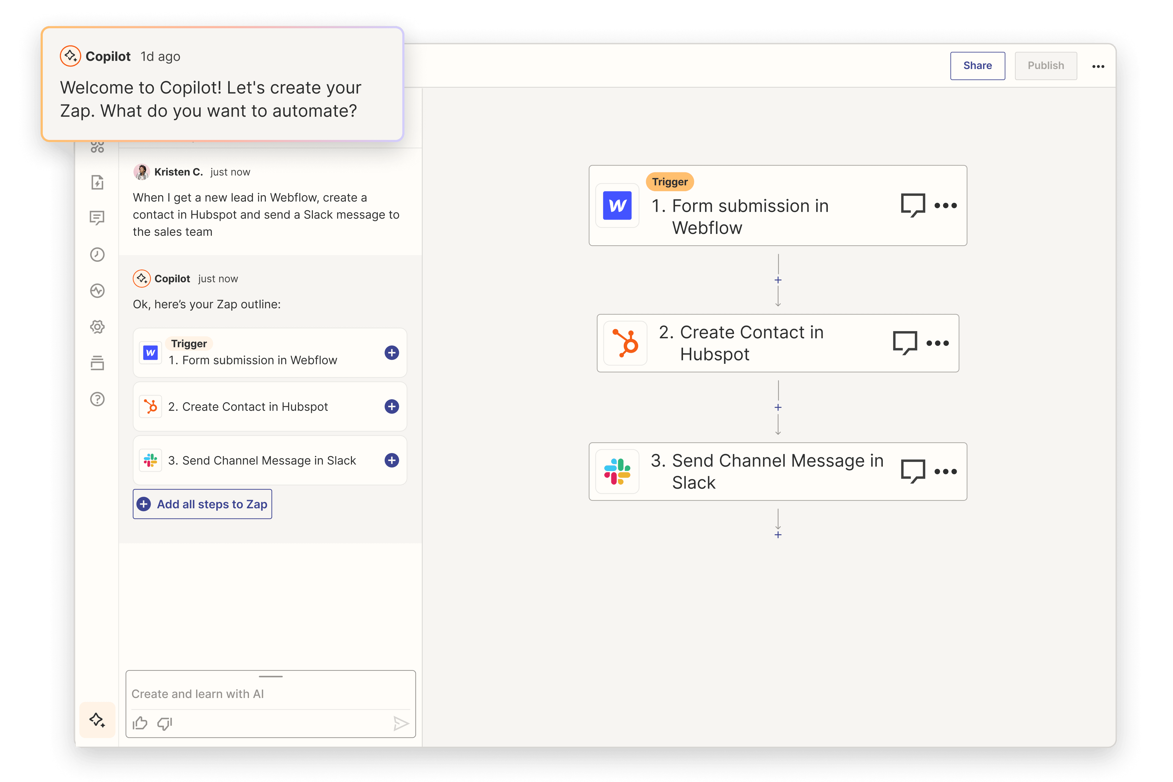 An interface showing the creation of a Zap being assisted by the AI Copilot | ai productivity tools