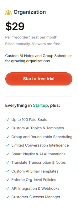 Avoma Organization Plan | Avoma Pricing