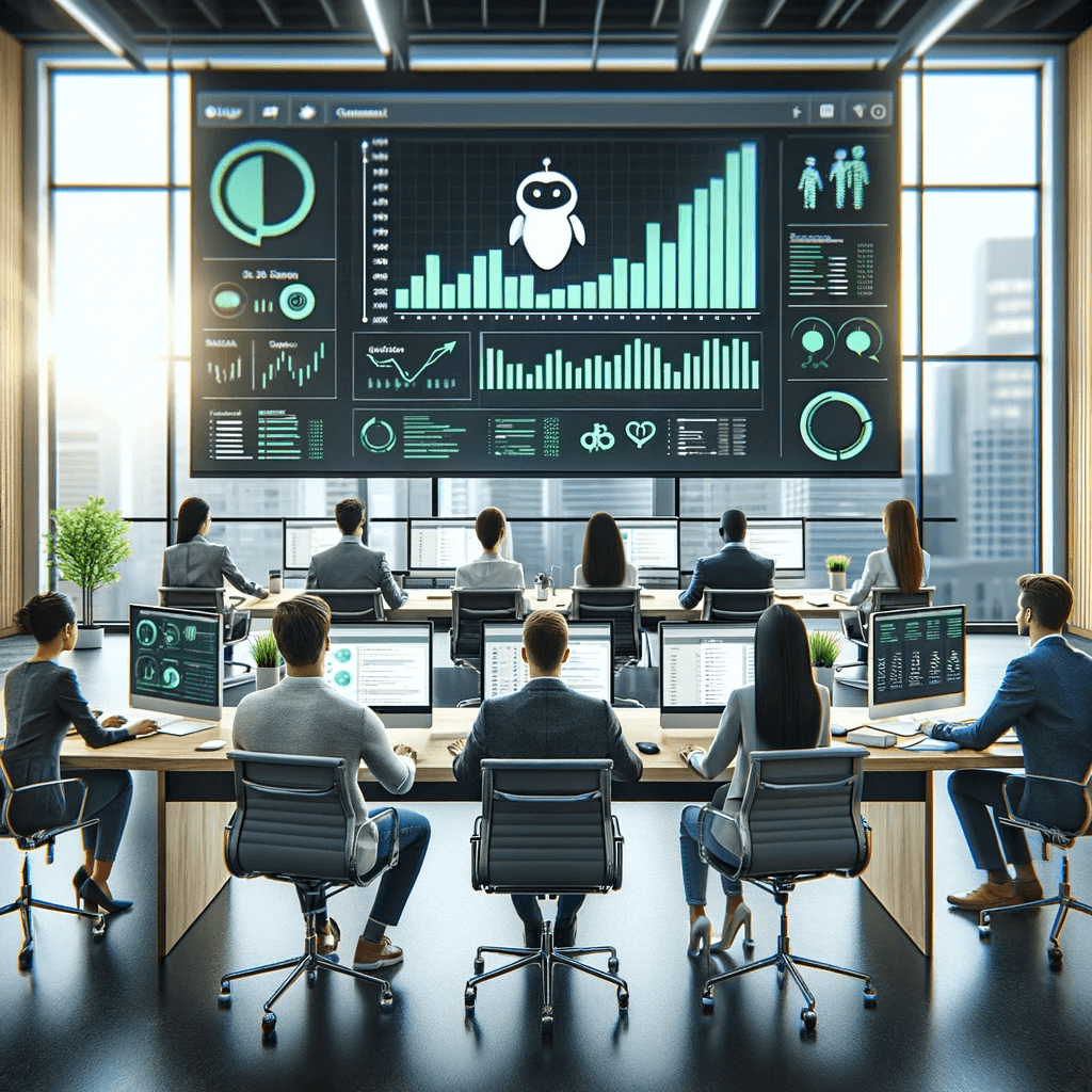 Big room with image on the wall showing statistics