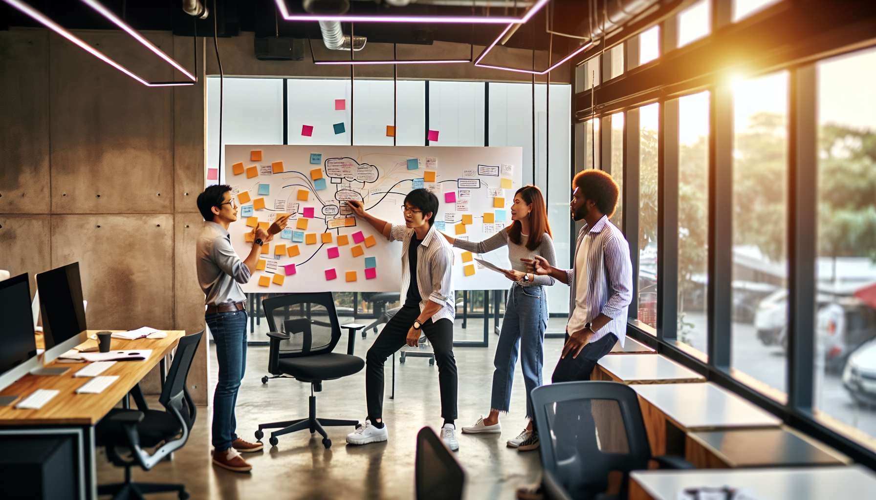 Brainstorming session with sticky notes and mind map