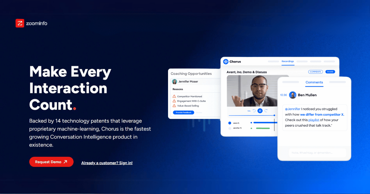 Chorus.ai homepage showcasing features for conversation intelligence and call recording.