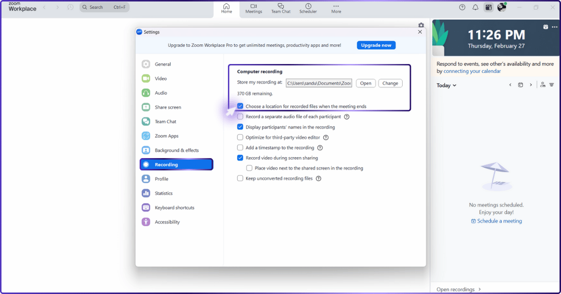 Close-up of the Zoom computer recording settings, highlighting options to change storage location and manage recording features.