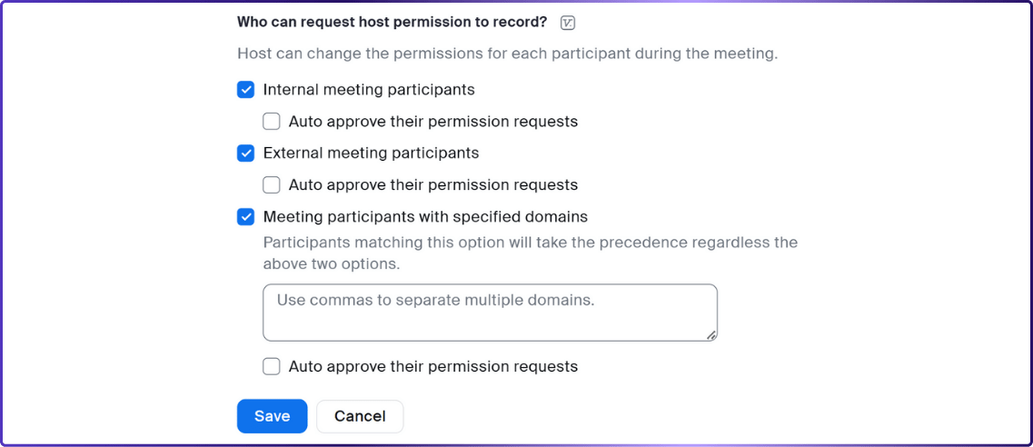 Close-up view of the Zoom recording permissions interface, detailing settings for internal, external, and domain-specific meeting participant permissions to request recording access.