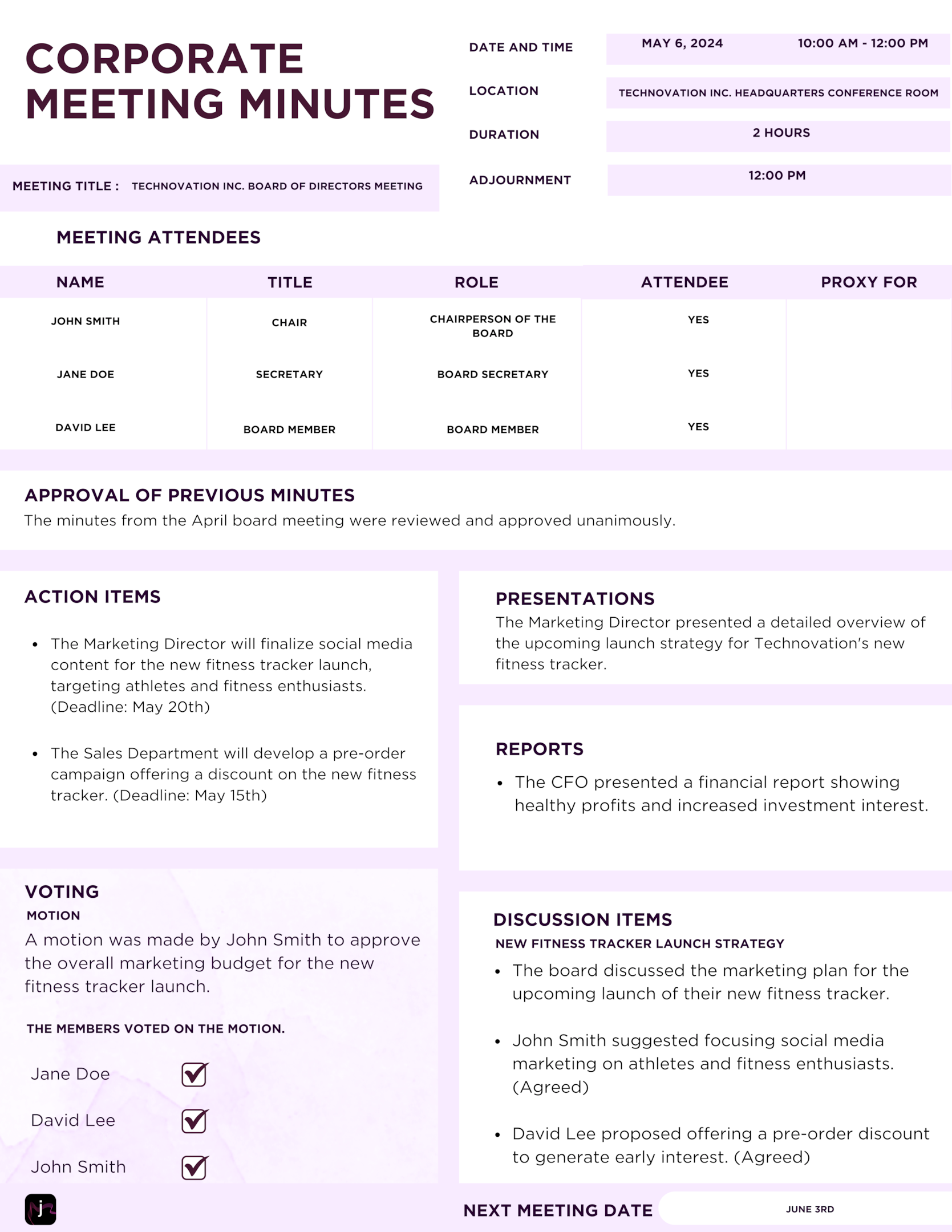 Corporate Meeting Minutes Free Template Sample