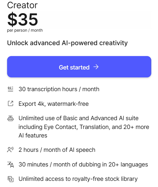 Creator Plan | Descript Pricing