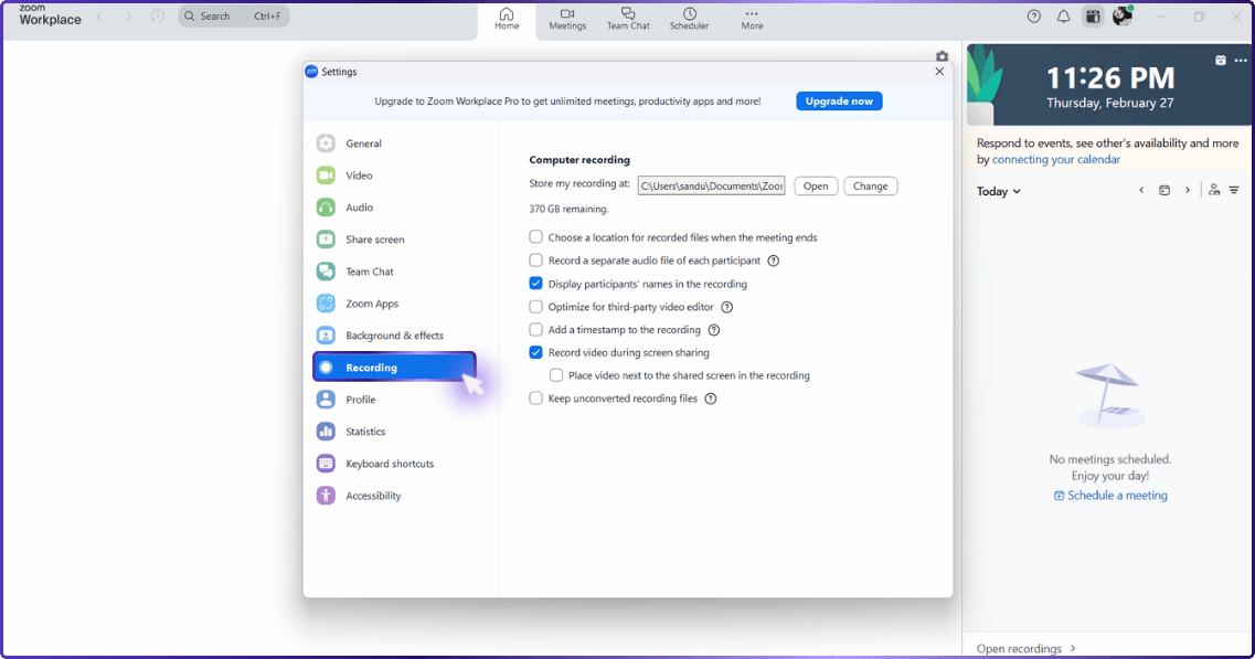 Detailed view of the Zoom settings interface, focusing on computer recording options including file storage and additional recording settings.