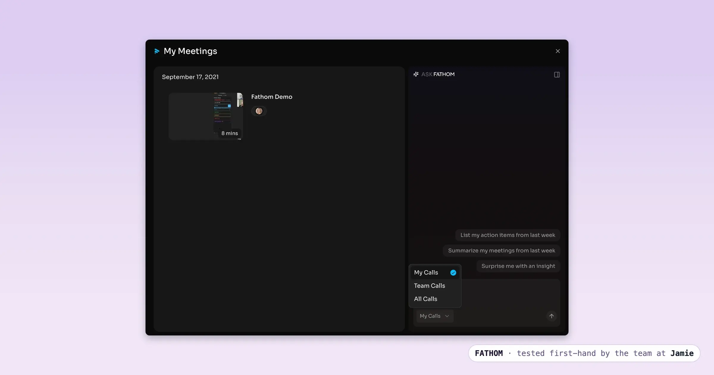 Fathom AI Chat scope set to My Calls, Team Calls or All Calls