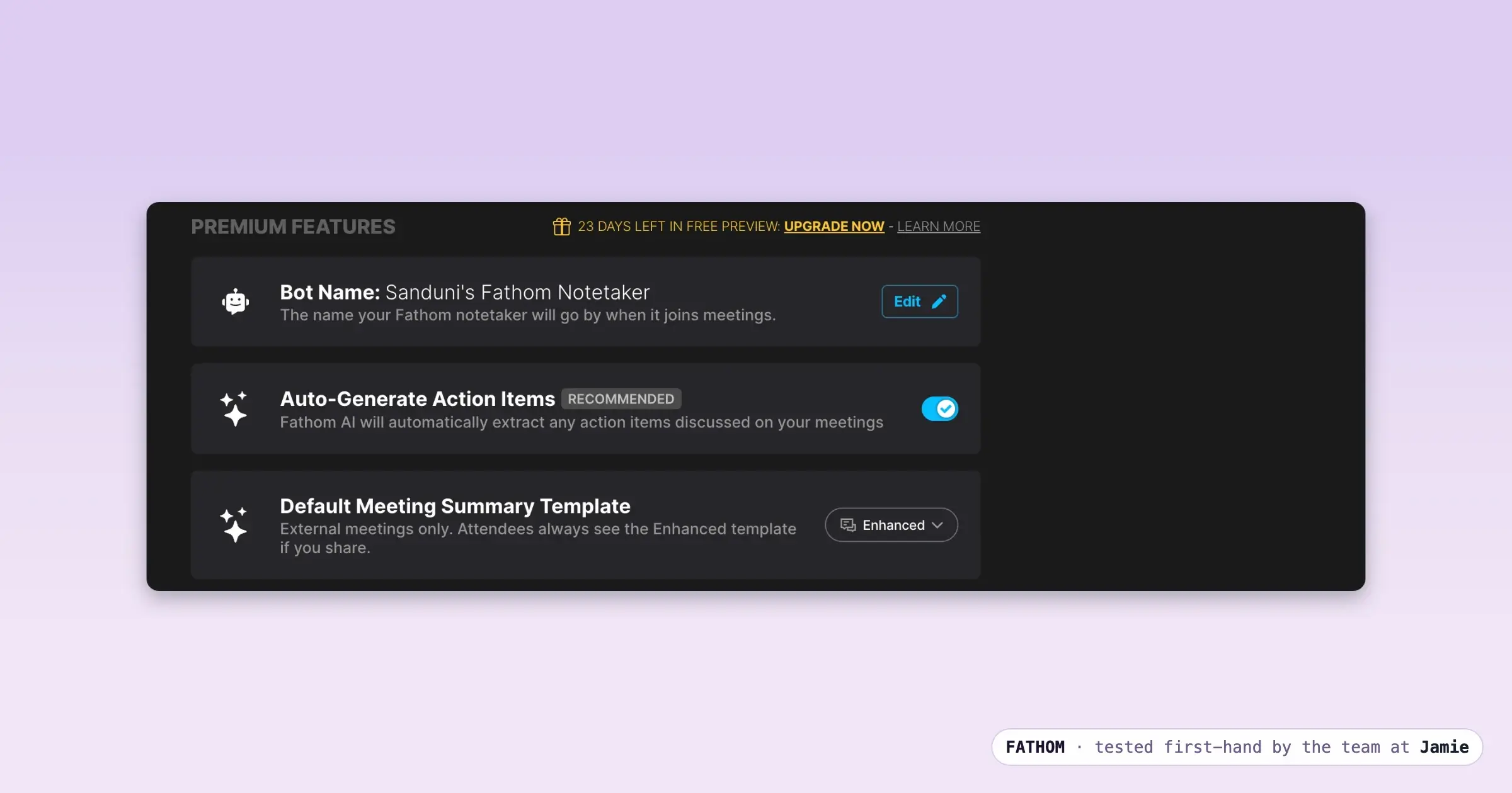 Fathom action items and summaries gated behind a paid plan after the free preview
