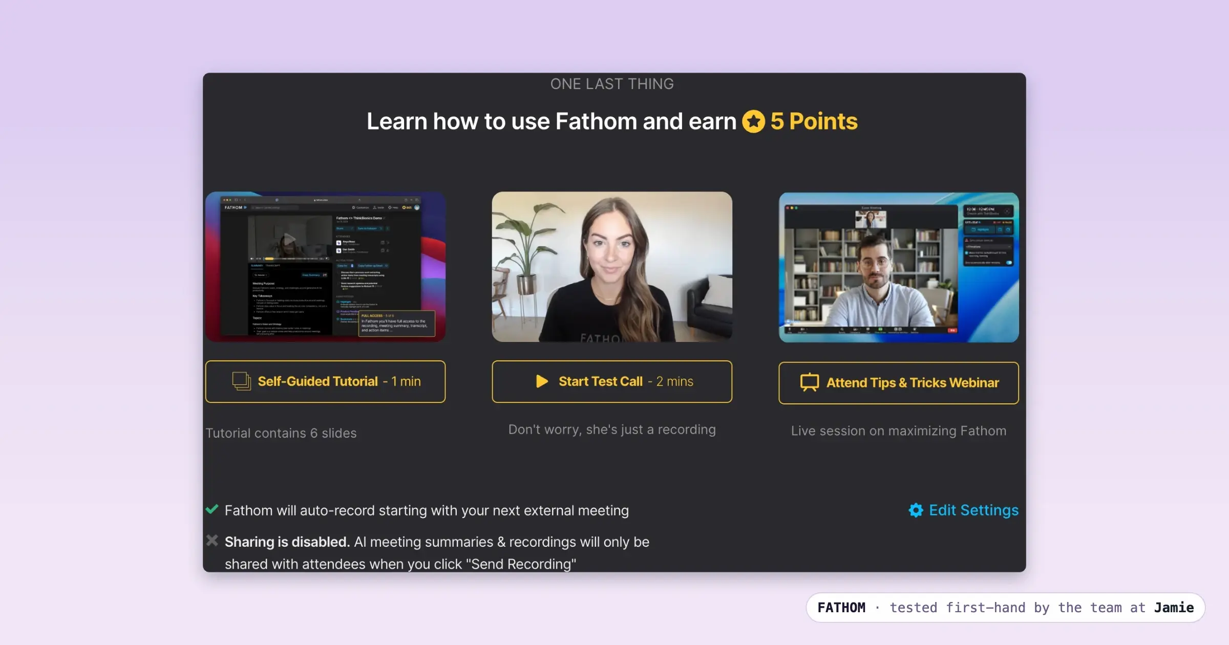 Fathom onboarding offering 5 points to learn the AI note taker