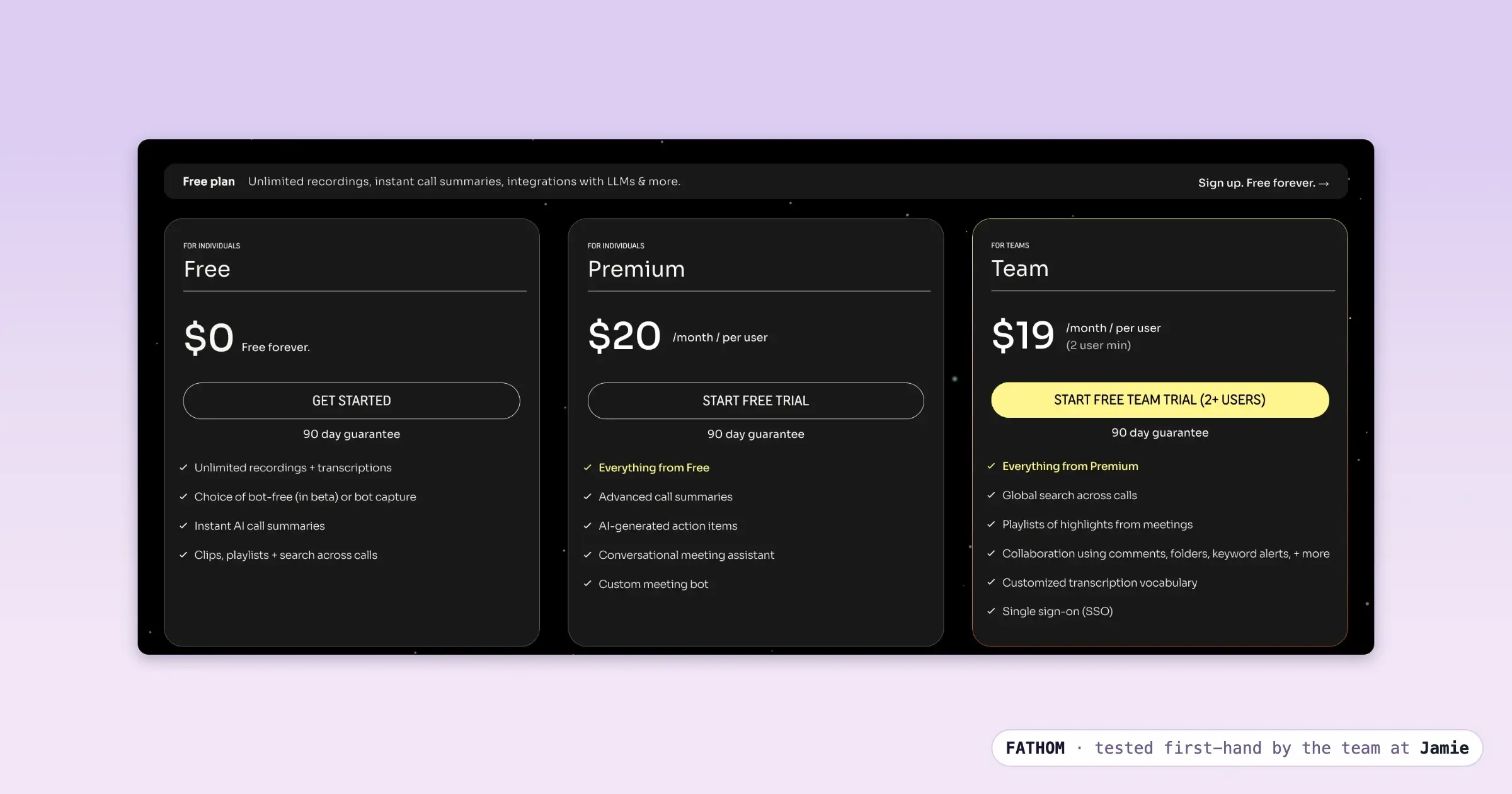 Fathom, an AI note taker, priced free with $20 Premium and $19 Team tiers