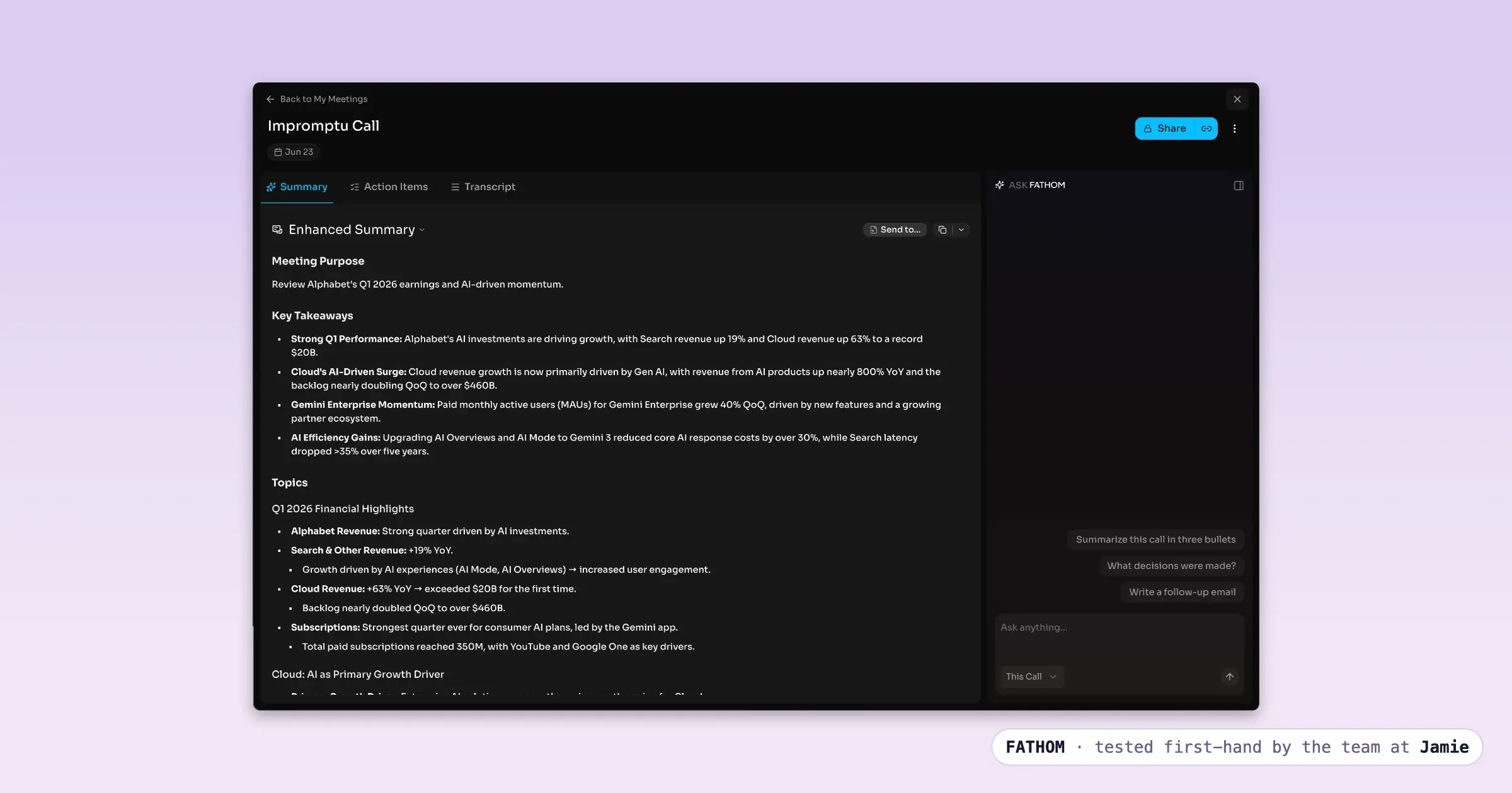 Fathom, an AI note taker, showing an enhanced summary of a recorded call