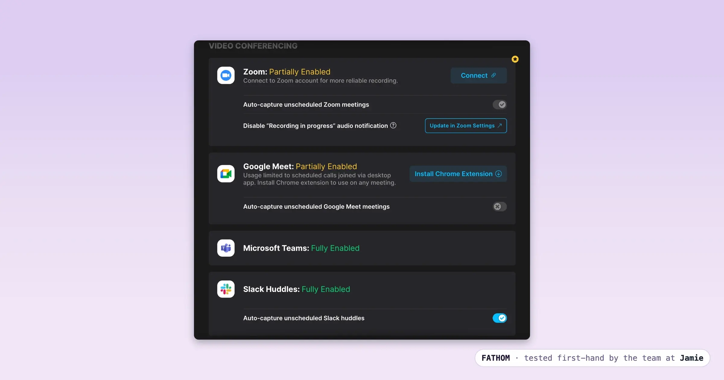 Fathom, an AI note taker, supporting Zoom, Google Meet, Microsoft Teams and Slack