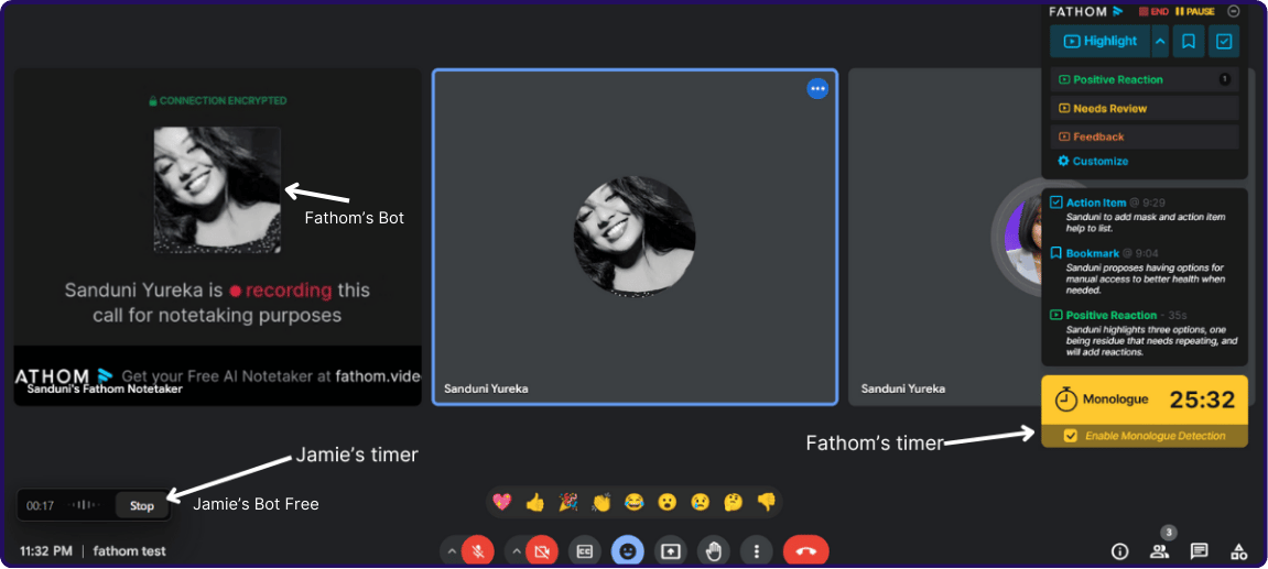 Fathom AI's Bot is inside the meeting, can be quite intrusive, also the Bright yellow pop up can also be quite intrusive | Fathom vs Fireflies vs Jamie