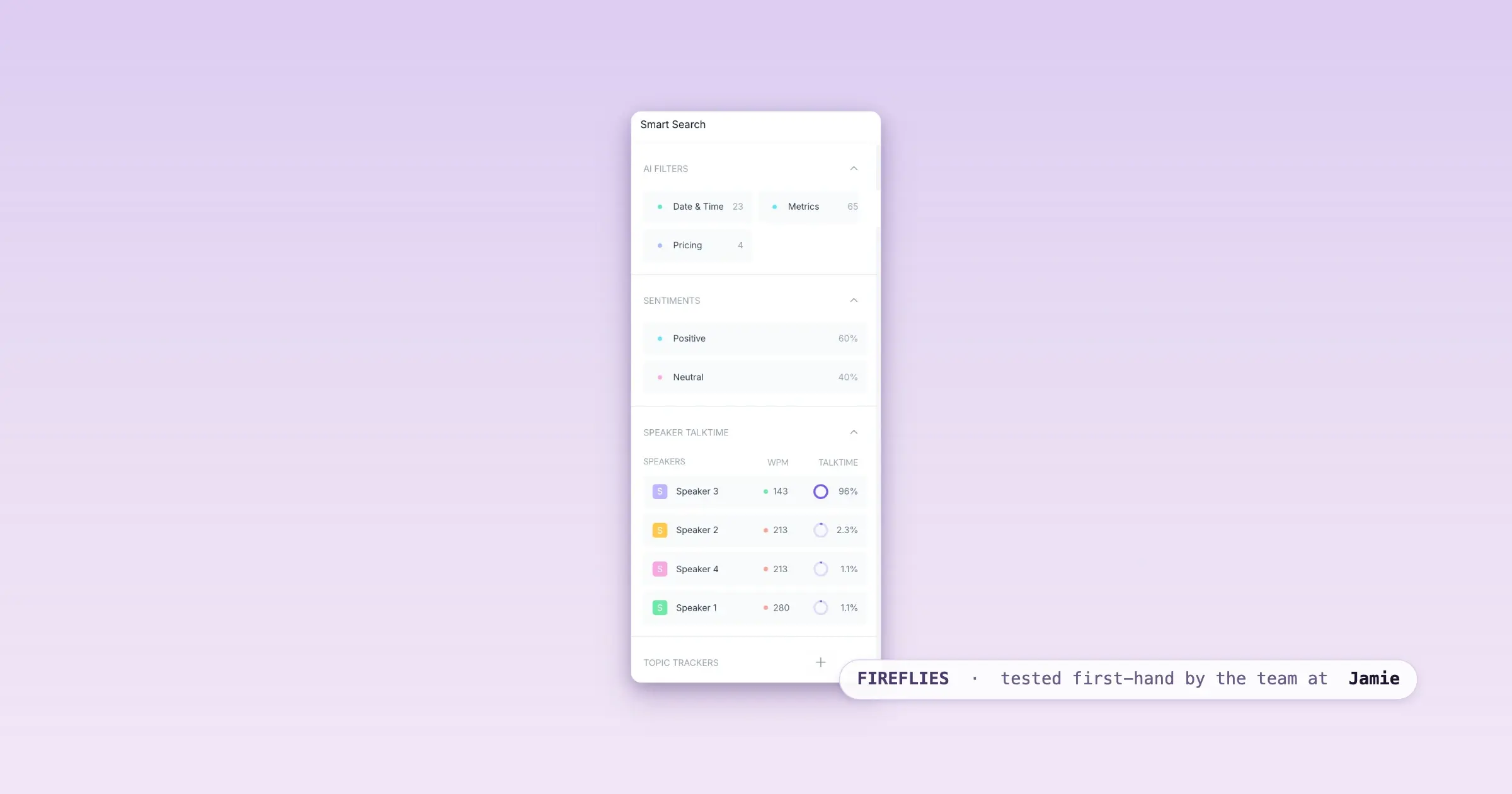 Fireflies Smart Search rail with AI filters, sentiment split and speaker talk-time
