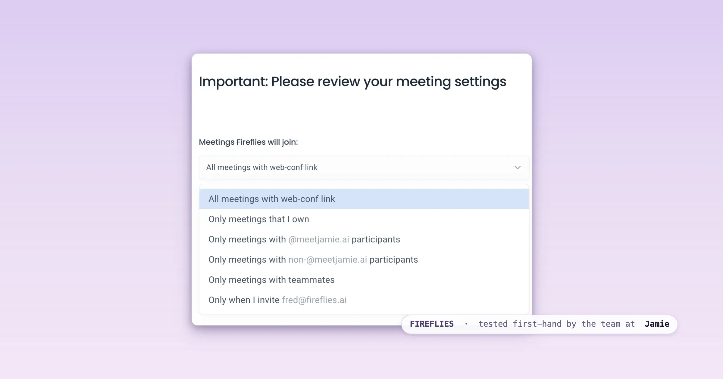 Fireflies setup dropdown choosing which meetings the Fred bot auto-joins