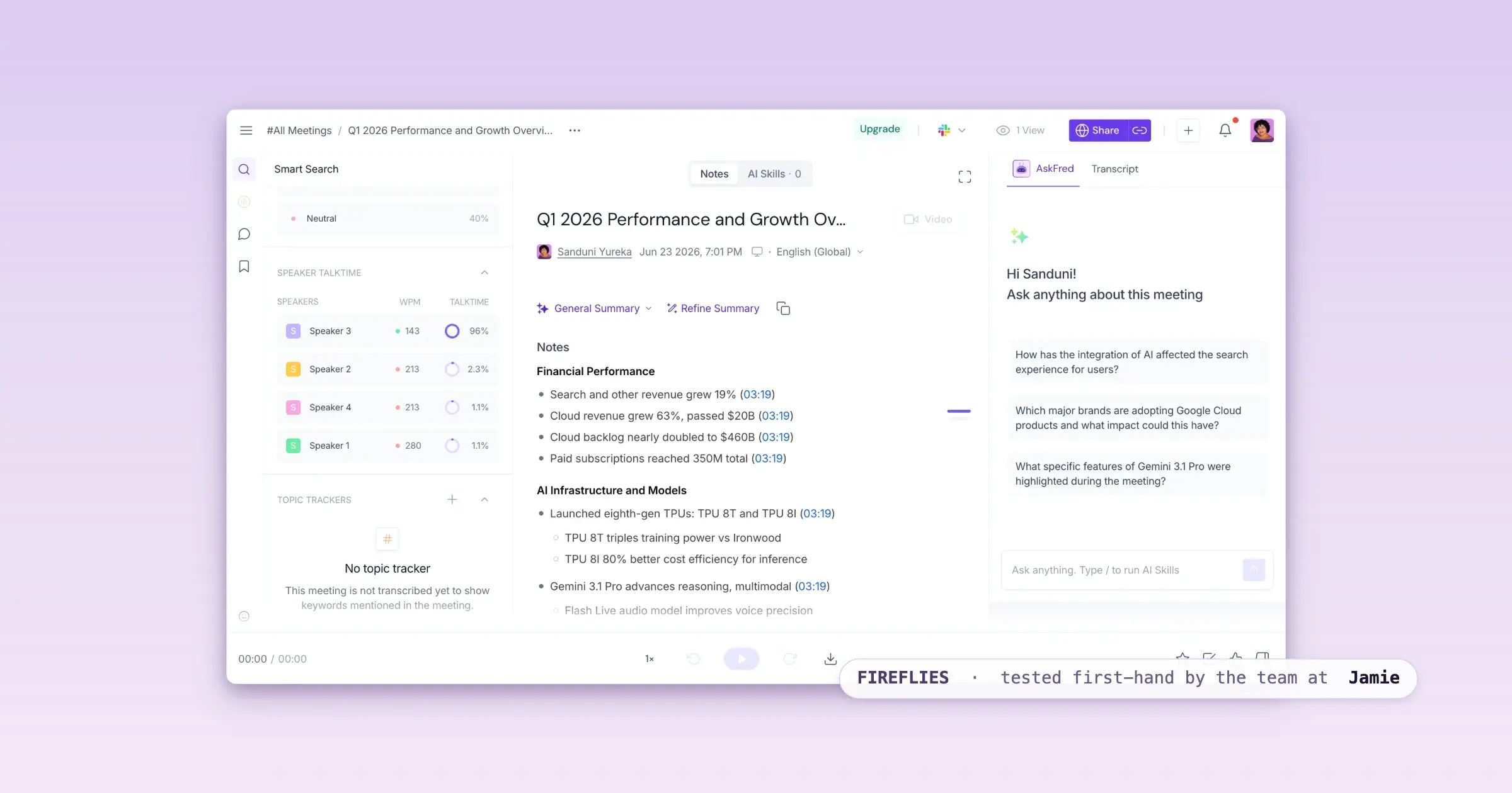 Fireflies, an AI note taker, showing a meeting's AI summary, analytics rail and Ask Fred panel
