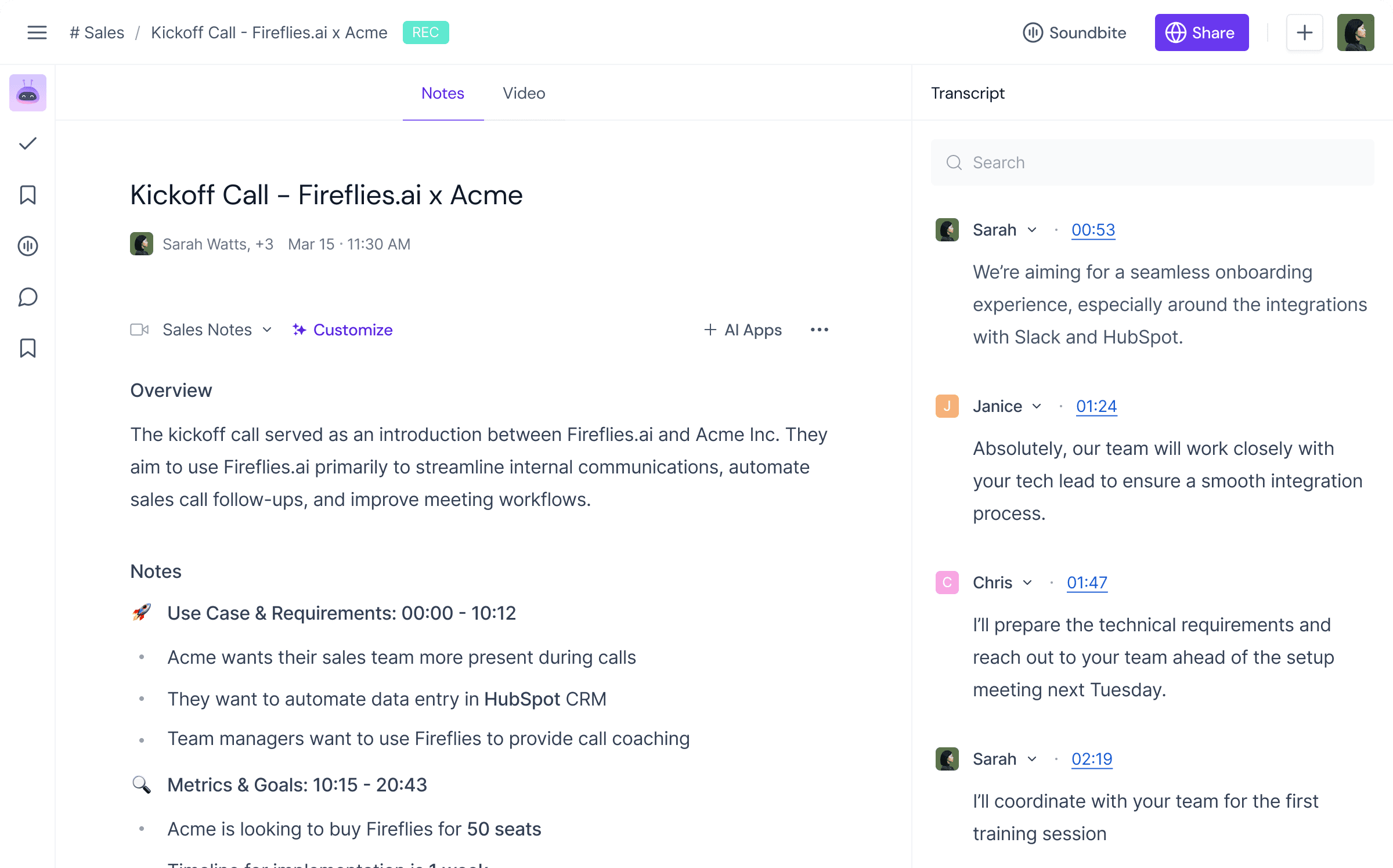 Fireflies Notepad interface displaying meeting transcript and summary features.