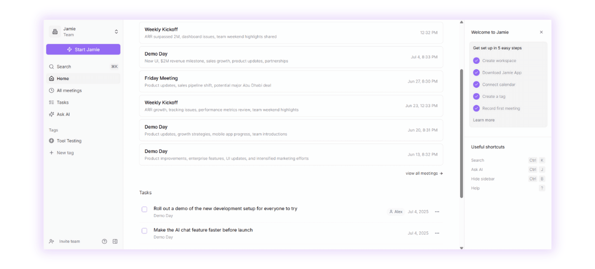 Full Meeting Package: Transcription + Smart Summaries + Action Items with Jamie, a transcription software for Mac