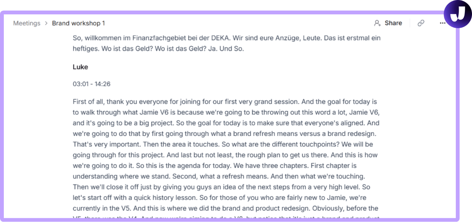 Jamie's transcript for our Brand Workshop 1 hybrid test, with Luke's 11-minute presentation captured as one continuous speaker block from 03:01 to 14:26 from my own device