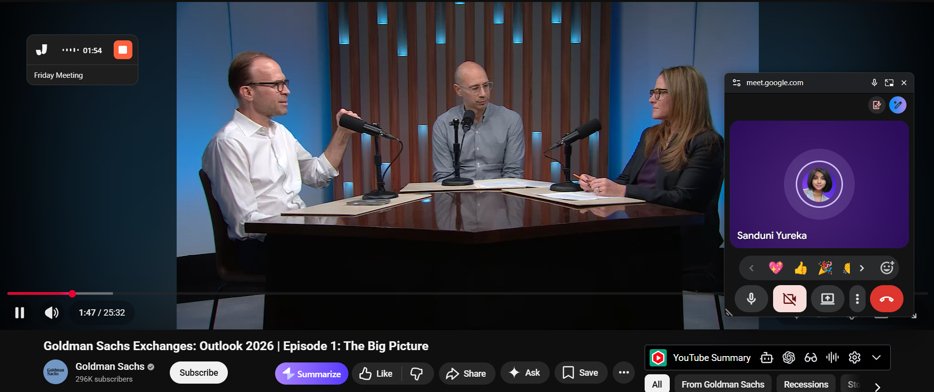 Jamie's Native Recorder capturing the Goldman Sachs Exchanges Outlook 2026 podcast through one device, with an instant Google Meet open in the corner to simulate an in-person three-speaker meeting