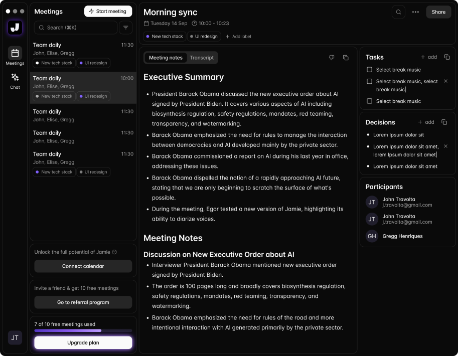 Get high-quality meeting summaries and conversation insights with Jamie