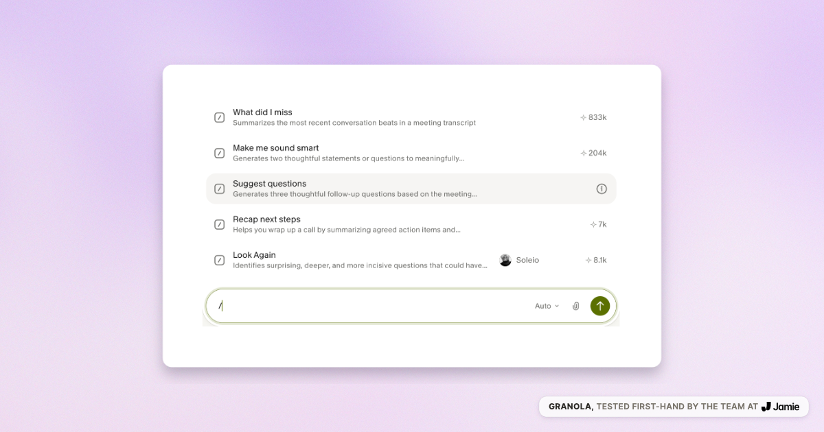 Granola Recipes menu listing saved prompts including What did I miss