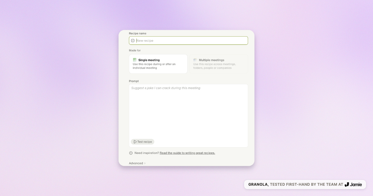 Granola new recipe screen with a suggest-a-joke prompt